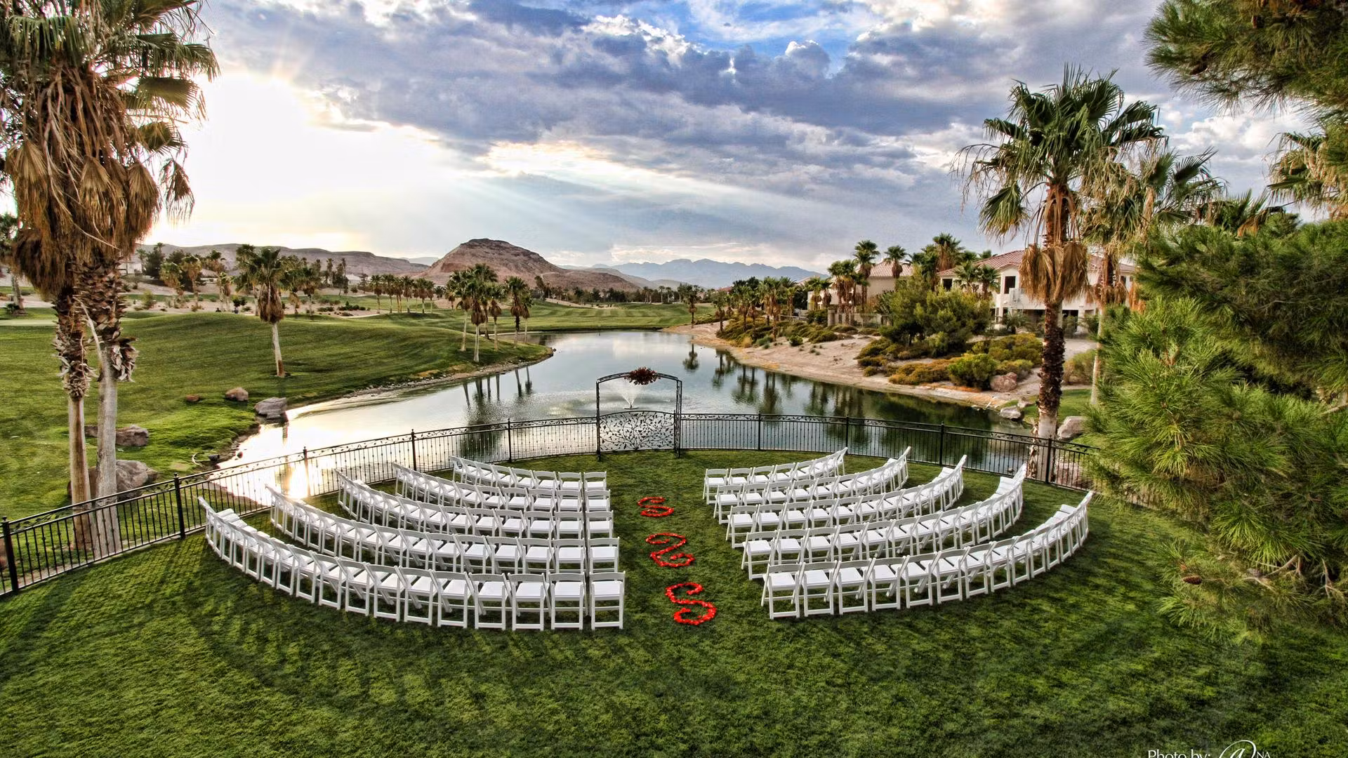 Lakeside ceremony setup at Rhodes Ranch